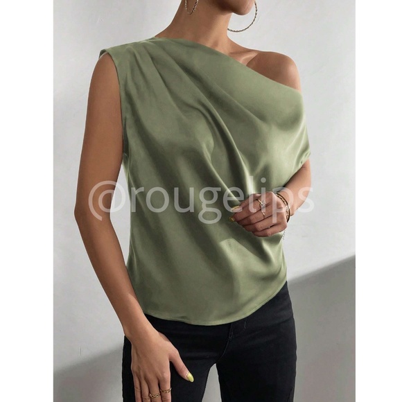 Army Green Satin Draped Asymmetrical Blouse Top Off One Shoulder - Picture 4 of 13